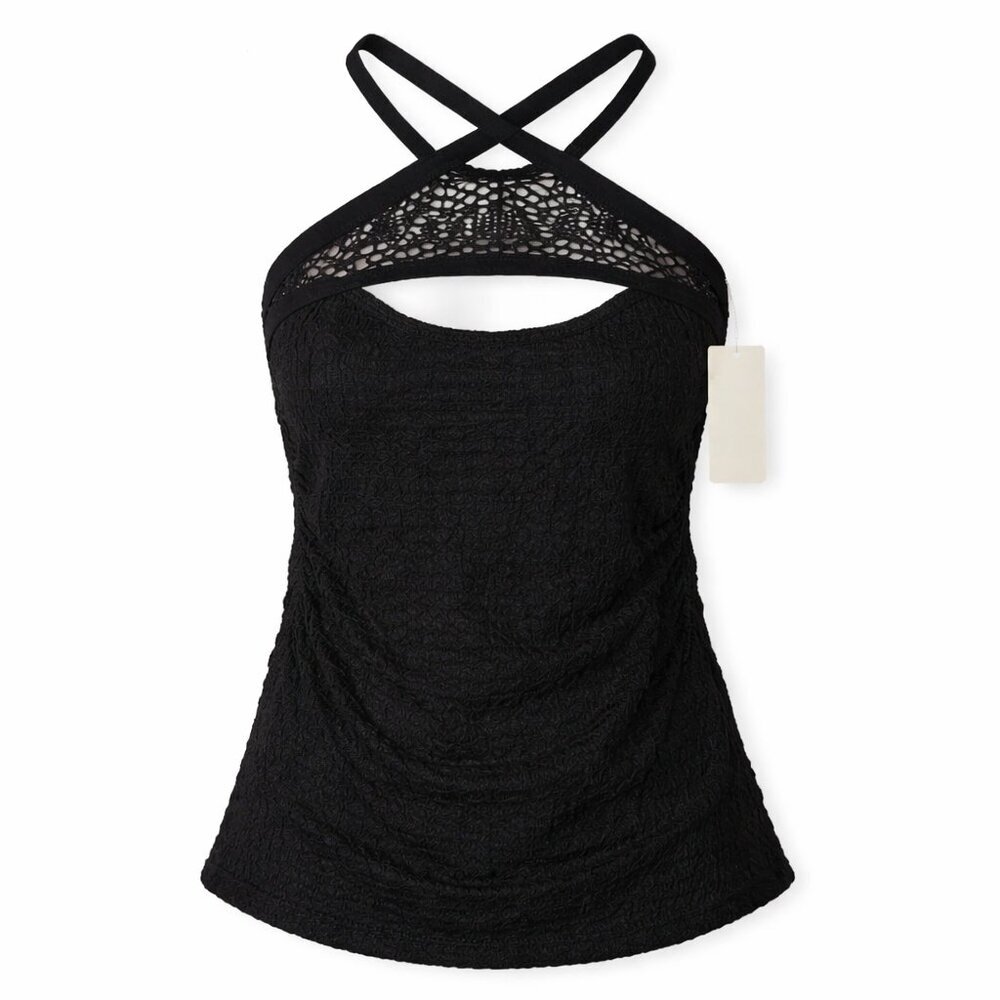 ISLAND ESCAPE Black Lace Tankini Swim Top Size 12